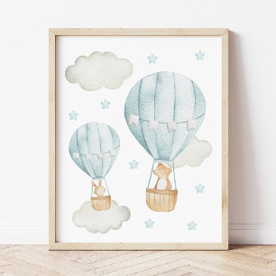 Blå Luftballong, Bear, Bunny, Boy Nursery Fototryck