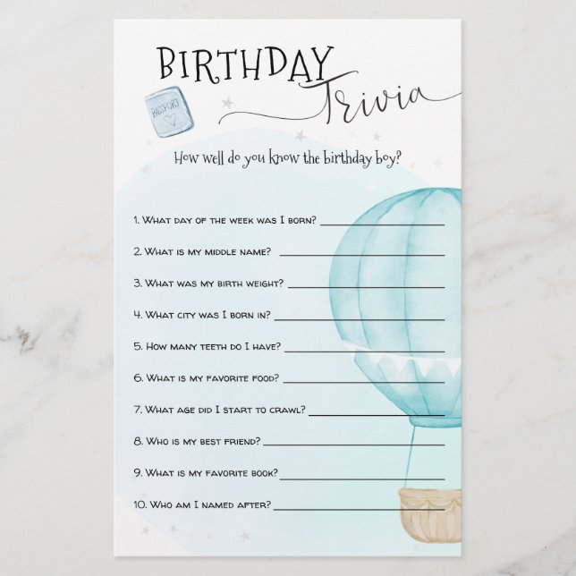 Blå Luftballong Birthday Trivia (Framsida)
