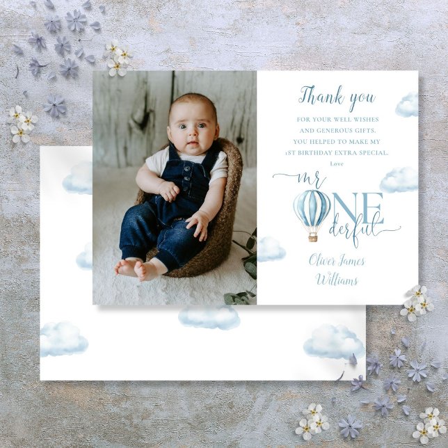 Blå Luftballong Foto 1-års Födelsedagsfest Tack Kort (Blue Air Balloon Photo 1st Birthday Party Thank You Card)