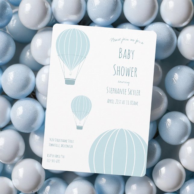 Blå Luftballong | Inbjudan till babyvisningsprogra (Get this hot air balloon invitation for your baby shower.)