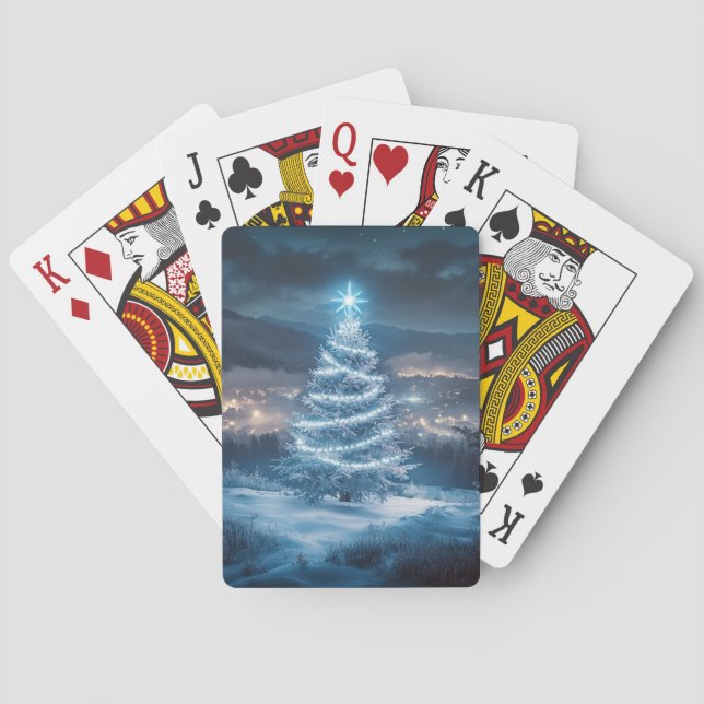 Blå lysande vinterkväll julgran casinokort (Baksidan)