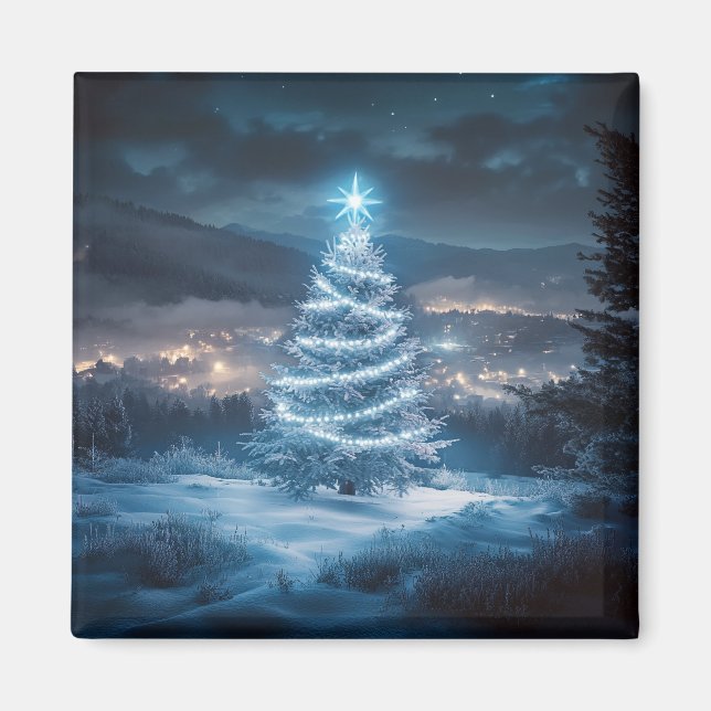 Blå lysande vinterkväll julgran magnet (Framsidan)