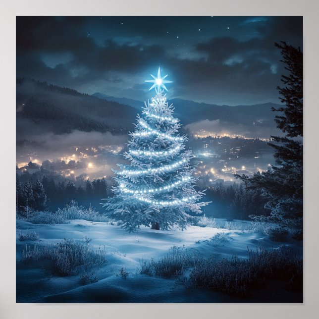Blå lysande vinterkväll julgran poster (Framsidan)