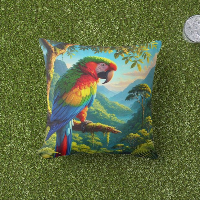 Blå Macaw-Papegoja Tropisk Utomhus Kastkudde Kudde (Gräs)