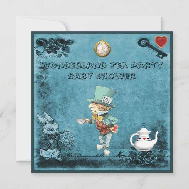 Blå mad Hatter Wonderland Tea Party Baby Shower Inbjudningar (Framsida)