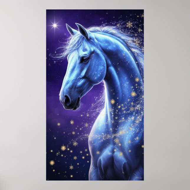 Blå Magisk Häst Under Stjärnklar Natt Himmel Poster (Framsidan)