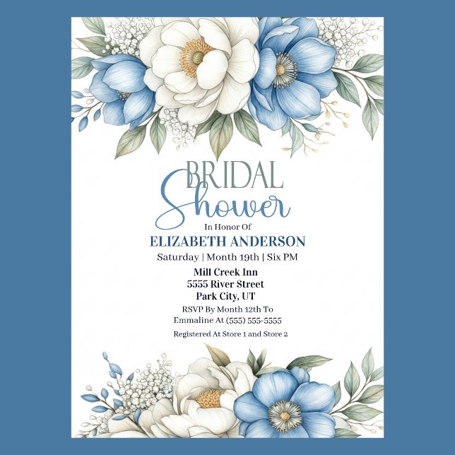 Blå Magnolia och Peonblomma Bröllopsdusch Inbjudningar (Blue and white magnolia and peony floral Bridal Shower invitation )
