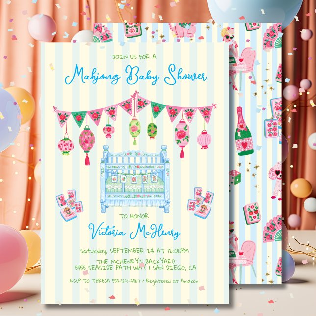 Blå Mahjong Baby Shower Pojke Inbjudningar (Skapare uppladdad)