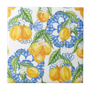 Blå Majolica-platta och akvarellcitroner Kakelplatta