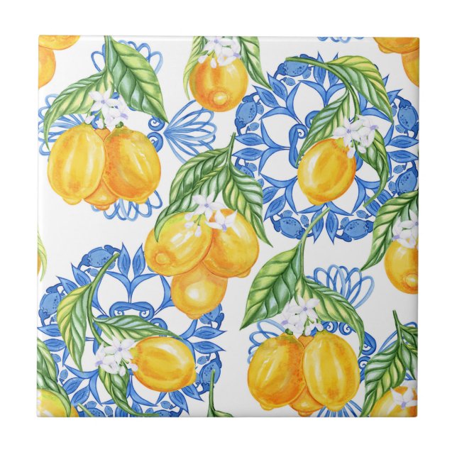 Blå Majolica-platta och akvarellcitroner Kakelplatta (Framsidan)