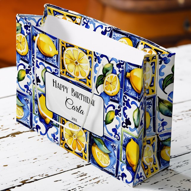 Blå majolica-plattor (Blue Majolica tiles lemons Mediterranean themed party personalized  Large Gift Bag Happy Birthday )