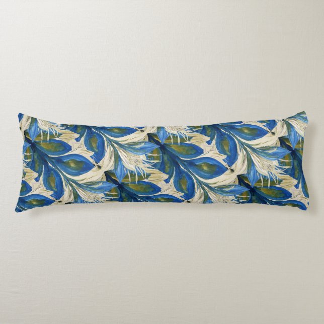 Blå målarfjädrar Vattenfärg Hand-målad Kroppskudde (Framsidan)