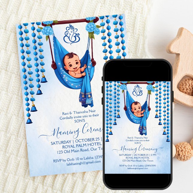 Blå mall för indiska Ceremonisblått i baby (Baby Naming Cradle Indian Namkarana Ceremony blue editable template invitation digital download)