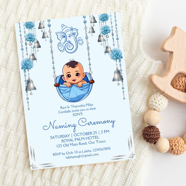 Blå mall för indiska Ceremonisblått i baby (Baby Naming Cradle Indian Namkarana Ceremony blue for a boy template invitation digital download)