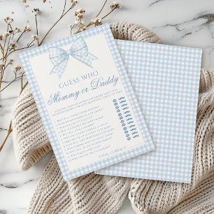 Blå mamma eller pappa bow gingham baby shower spel inbjudningar