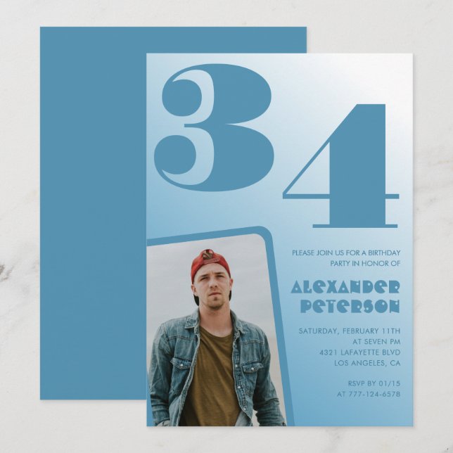 Blå Män Foto gradient 34-års födelsedagsinbjudning Inbjudningar (Fram/baksida)