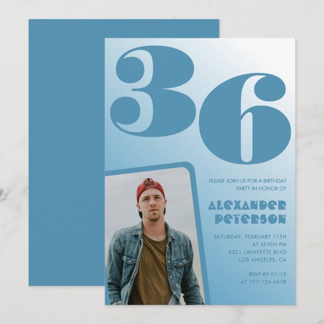 Blå Män Foto gradient 36-års födelsedagsinbjudning Inbjudningar (Fram/baksida)