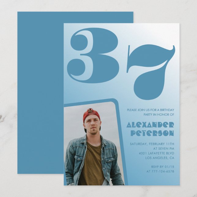Blå Män Foto gradient 37-års födelsedagsinbjudning Inbjudningar (Fram/baksida)