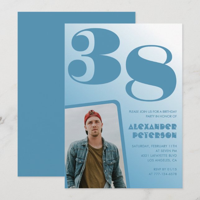 Blå Män Foto gradient 38-års födelsedagsinbjudning Inbjudningar (Fram/baksida)
