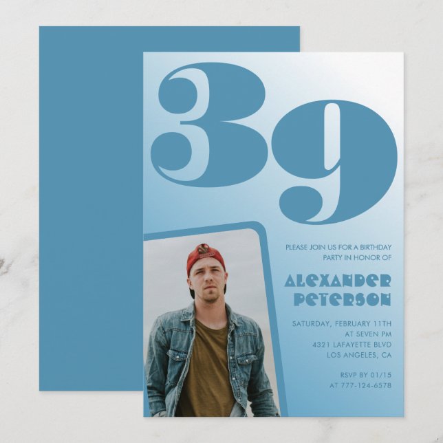 Blå Män Foto gradient 39-års födelsedagsinbjudning Inbjudningar (Fram/baksida)