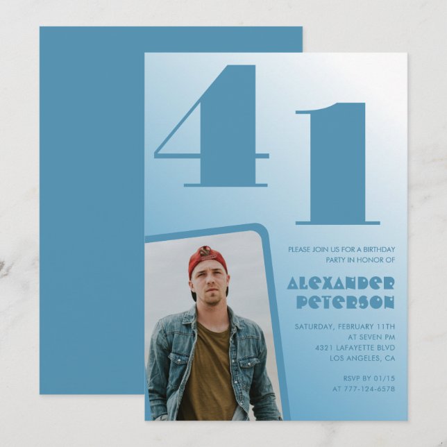 Blå Män Foto gradient 41-års födelsedagsinbjudning Inbjudningar (Fram/baksida)