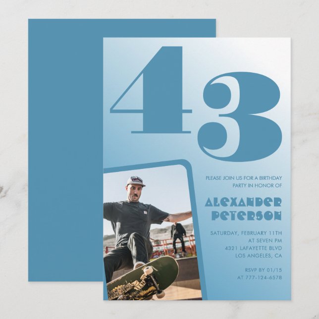 Blå Män Foto gradient 43-års födelsedagsinbjudning Inbjudningar (Fram/baksida)