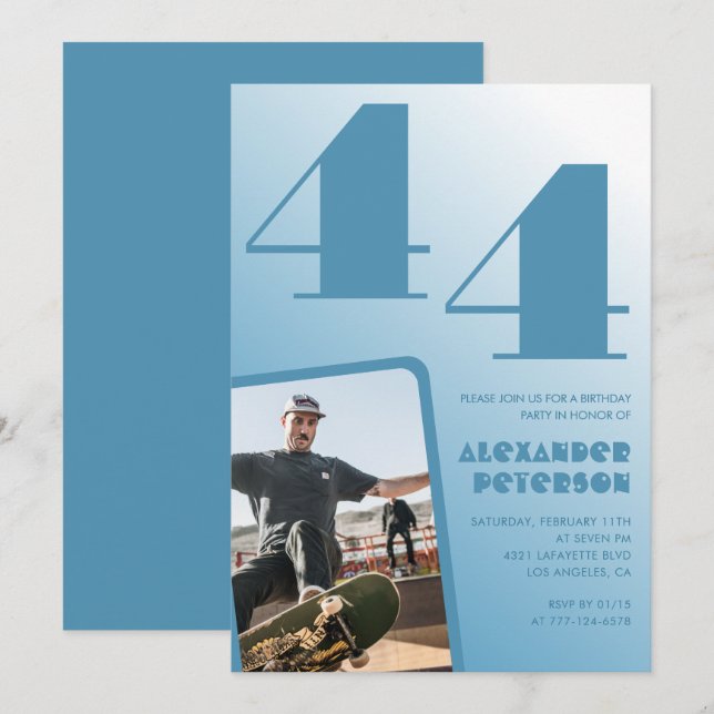 Blå Män Foto gradient 44-års födelsedagsinbjudning Inbjudningar (Fram/baksida)