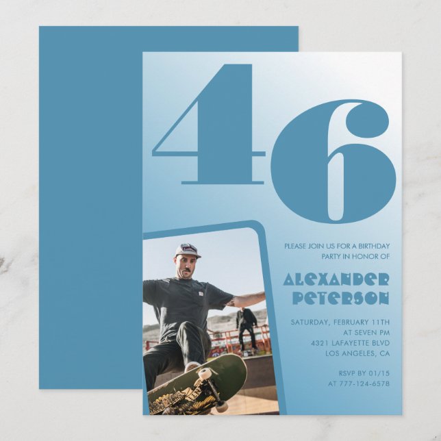 Blå Män Foto gradient 46-års födelsedagsinbjudning Inbjudningar (Fram/baksida)