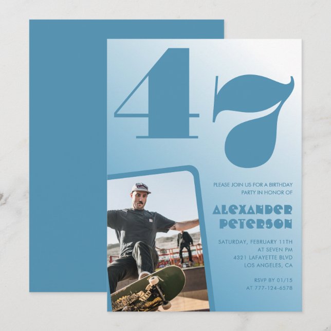 Blå Män Foto gradient 47-års födelsedagsinbjudning Inbjudningar (Fram/baksida)