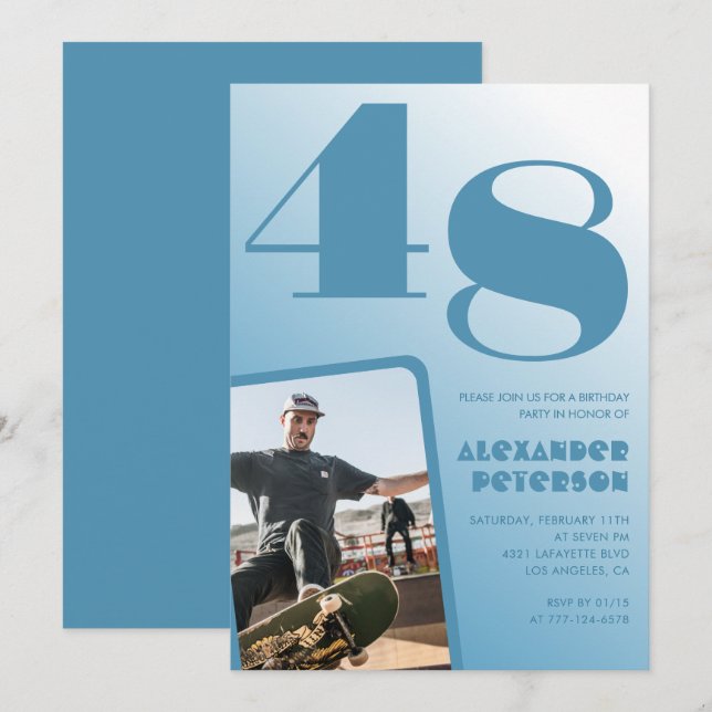 Blå Män Foto gradient 48-års födelsedagsinbjudning Inbjudningar (Fram/baksida)