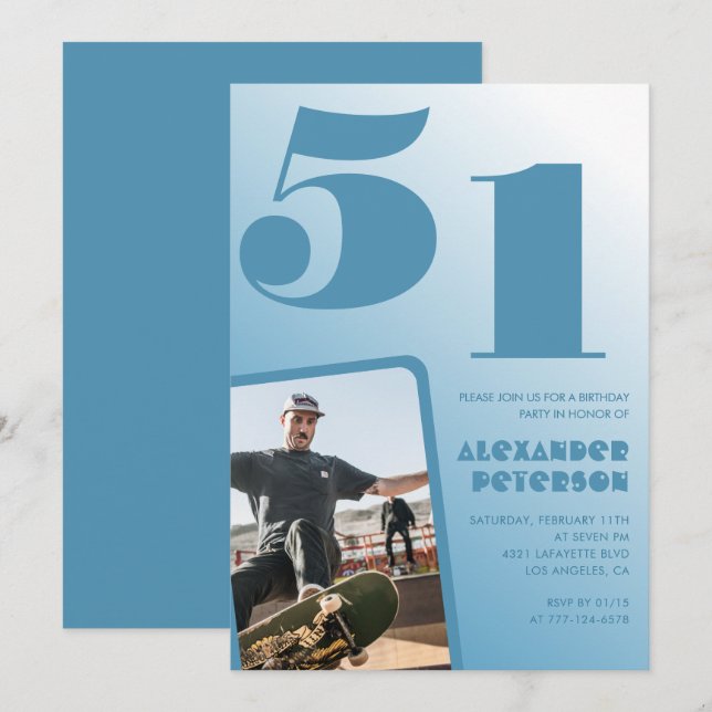 Blå Män Foto gradient 51-års födelsedagsinbjudning Inbjudningar (Fram/baksida)