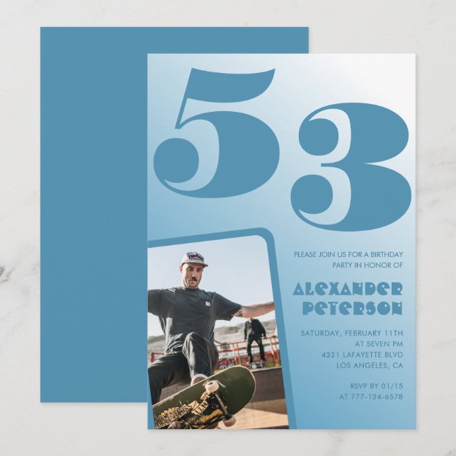 Blå Män Foto gradient 53-års födelsedagsinbjudning Inbjudningar (Fram/baksida)