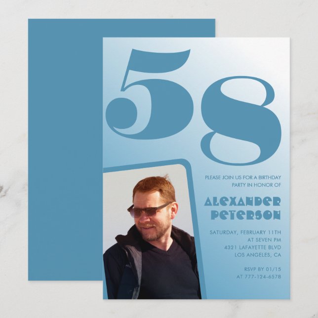 Blå Män Foto gradient 58-års födelsedagsinbjudning Inbjudningar (Fram/baksida)