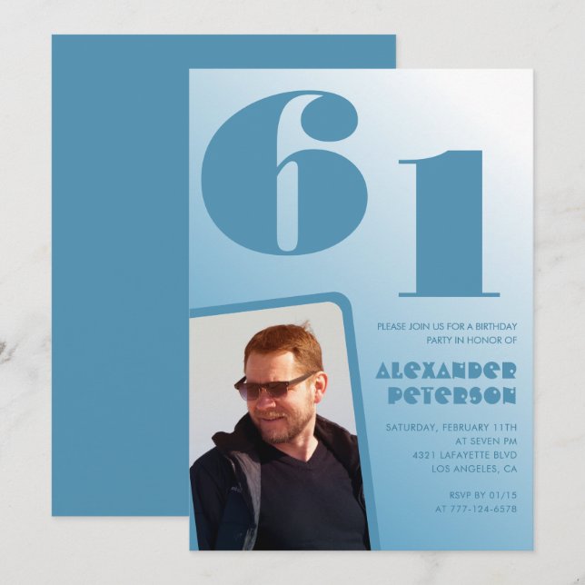Blå Män Foto gradient 61-års födelsedagsinbjudning Inbjudningar (Fram/baksida)
