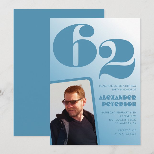 Blå Män Foto gradient 62-års födelsedagsinbjudning Inbjudningar (Fram/baksida)