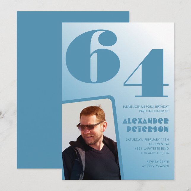 Blå Män Foto gradient 64-års födelsedagsinbjudning Inbjudningar (Fram/baksida)