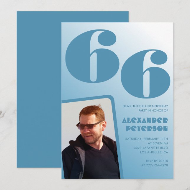 Blå Män Foto gradient 66-års födelsedagsinbjudning Inbjudningar (Fram/baksida)