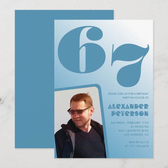Blå Män Foto gradient 67-års födelsedagsinbjudning Inbjudningar (Fram/baksida)