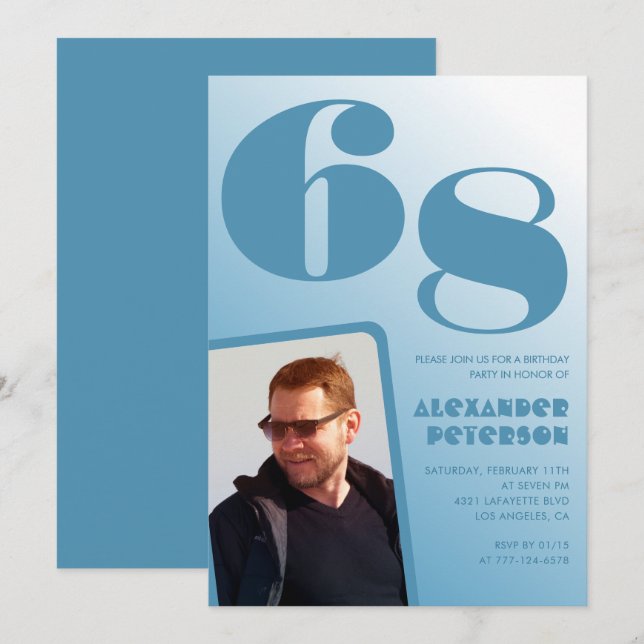 Blå Män Foto gradient 68-års födelsedagsinbjudning Inbjudningar (Fram/baksida)