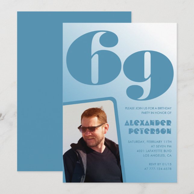 Blå Män Foto gradient 69-års födelsedagsinbjudning Inbjudningar (Fram/baksida)