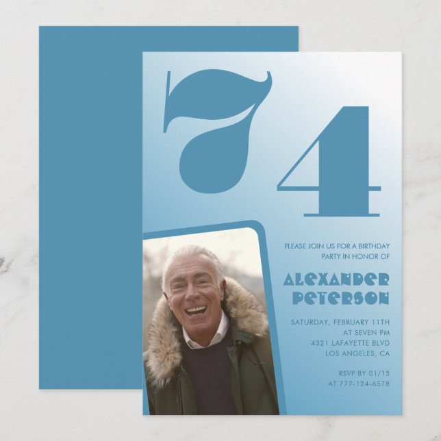 Blå Män Foto gradient 74-års födelsedagsinbjudning Inbjudningar (Fram/baksida)