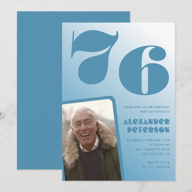 Blå Män Foto gradient 76-års födelsedagsinbjudning Inbjudningar (Fram/baksida)