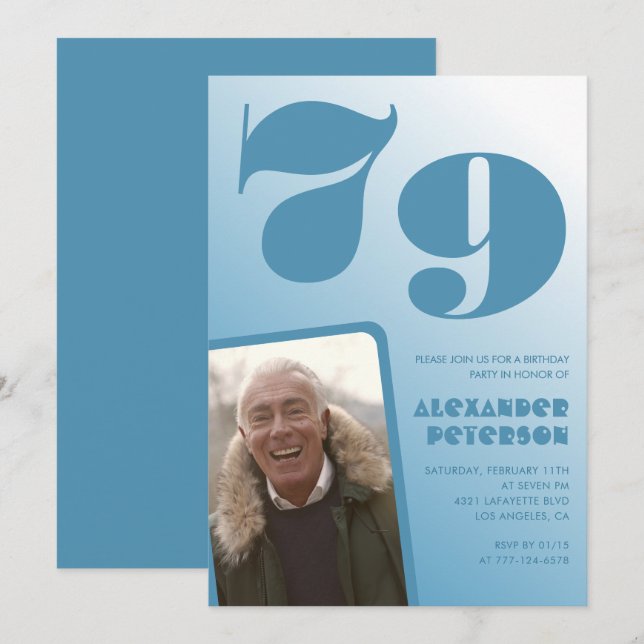 Blå Män Foto gradient 79-års födelsedagsinbjudning Inbjudningar (Fram/baksida)