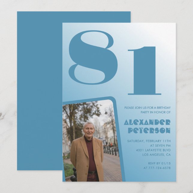 Blå Män Foto gradient 81-års födelsedagsinbjudning Inbjudningar (Fram/baksida)