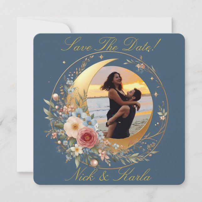 Blå månblomma Spara datum Foto Tillkännagivande (Framsida)