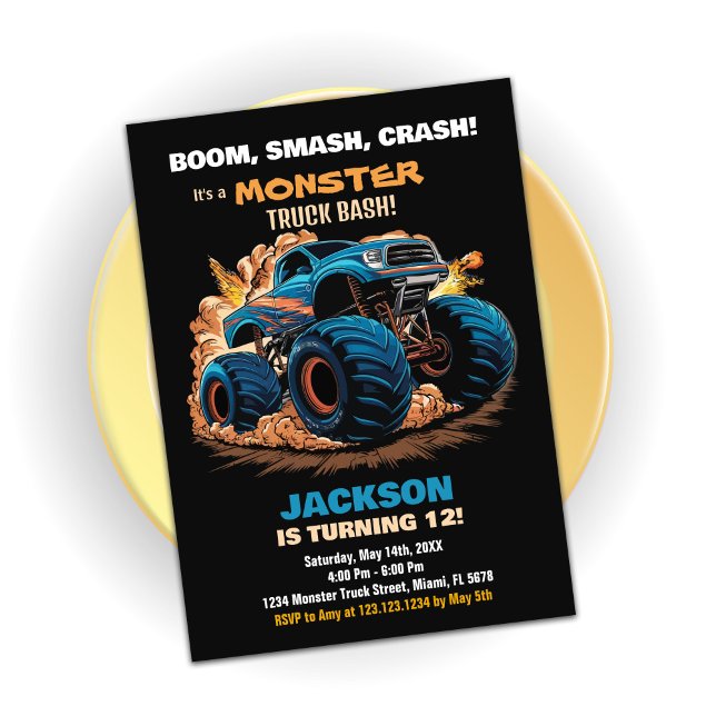 Blå måndag-inbjudan från Lastbil, svart Inbjudningar (Blue Monster Truck Birthday Invitations Black)