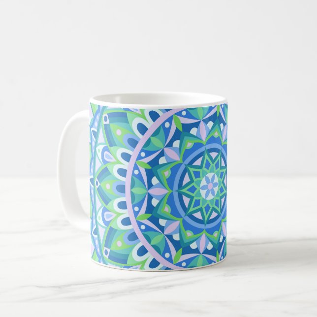 Blå Mandala Boho Geometrisk Lugnande Andlig Kaffemugg (Framsida vänster)