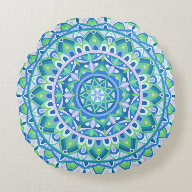 Blå Mandala Boho Meditation Andlig Hygge Dekor Rund Kudde (Framsidan)