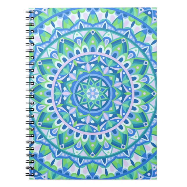 Blå Mandala Lugn Boho Geometrisk Mönster Livlig Anteckningsbok (Framsidan)