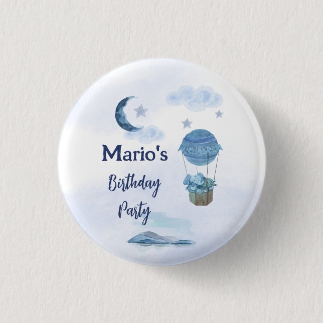 Blå måne lilla elefantfödelsedag knapp (Framsida)